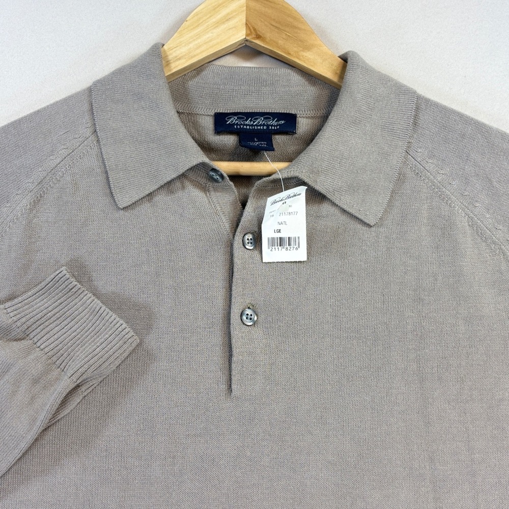 Brooks Brothers Polo Sweater Mens L Taupe Cotton Modal Long Sleeve NWT Preppy